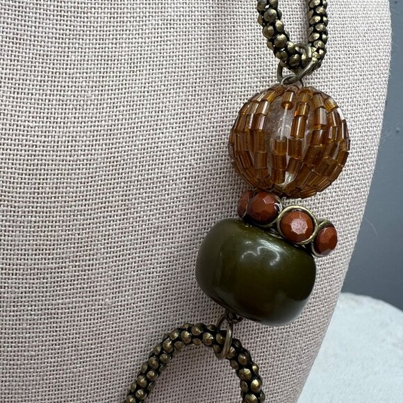 Chunky Earthy Beaded Link Statement Necklace Olive Green Brown Gold Tone - Picture 6 of 6